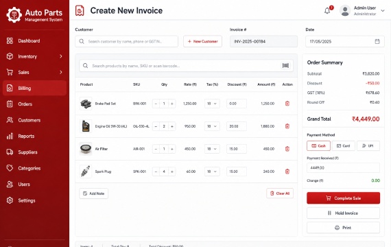 Auto parts business operations dashboard and transaction management