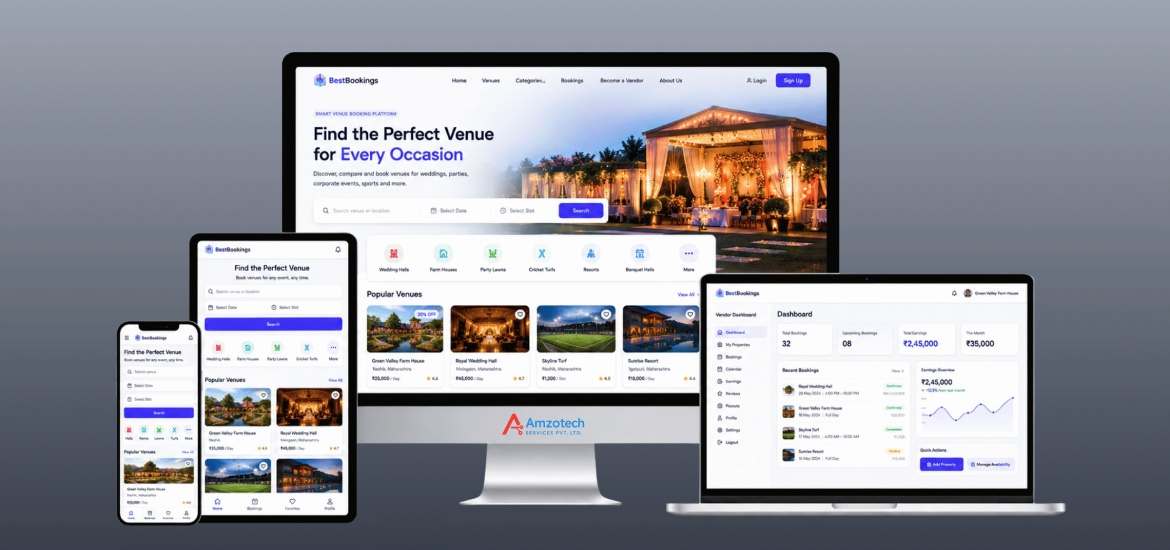 Venue Bookings marketplace displayed across web and mobile devices