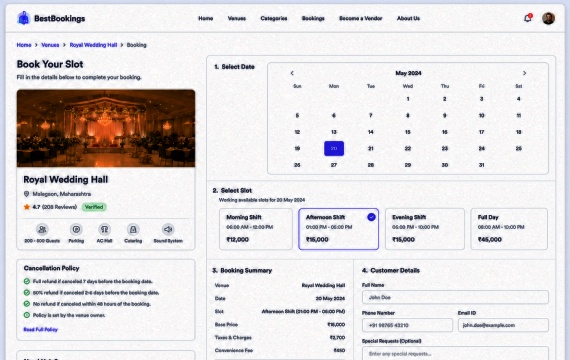 Venue search and booking experience in the Venue Bookings platform