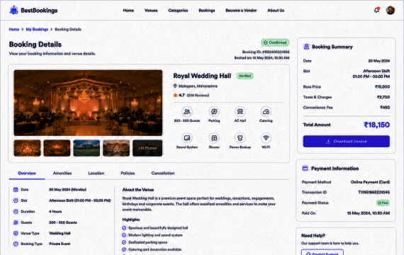 Venue Bookings mobile application and management interfaces